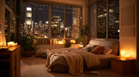 A bedroom with a bed, a nightstand, a lamp, and a potted plant. The room is lit by candles and has a cozy, intimate atmosphereの素材