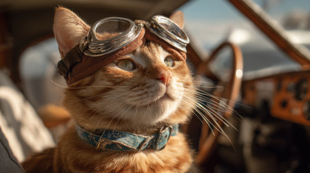 A cat wearing goggles and a blue collar sits in the driver's seat of a car. The cat's eyes are wide open, and it is looking out the window. The scene has a playful and whimsical moodの素材
