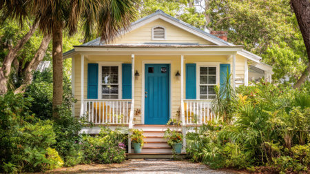 A yellow house with blue shutters and a blue door. The house is surrounded by trees and bushesの素材