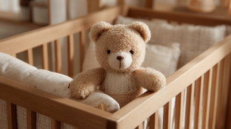 A toy bear is sitting on a crib. The crib is wooden and has a white blanket on itの素材