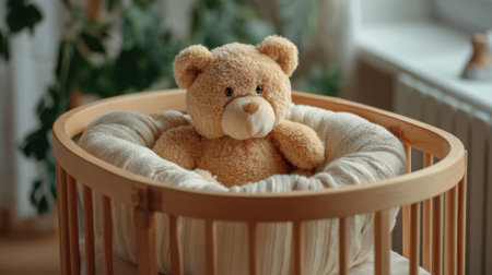 A toy bear is sitting in a crib with a blanket. The bear is brown and has a cute expression. The crib is made of wood and has a cozy, warm atmosphereの素材
