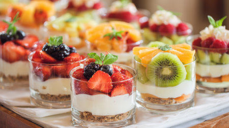A tray of fruit desserts in glass cups. The desserts include strawberries, blueberries, kiwi, and orangesの素材