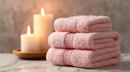 A stack of three pink towels is on a marble countertop next to two candles. The candles are lit, creating a warm and cozy atmosphere. The towels and candles together evoke a sense of relaxationの素材