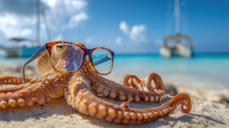 A large octopus is wearing glasses and standing on the beach. The scene is bright and sunny, with a boat in the background. The octopus appears to be enjoying the beach and the warm weatherの素材
