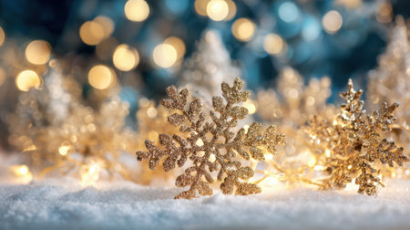 A snowflake is on a snowy surface with lights in the background. The snowflake is surrounded by other snowflakes, creating a festive and cozy atmosphereの素材