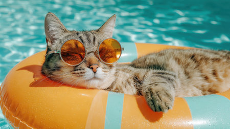 A cat wearing sunglasses is floating on a pool float. The cat appears to be enjoying the sun and the waterの素材