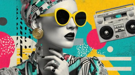 A woman wearing sunglasses and a yellow headband is standing in front of a boombox. The image is a collage of different shapes and colors, giving it a vibrant and eclectic feelの素材