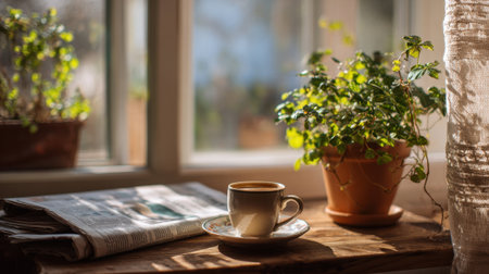 A cup of coffee sits on a saucer next to a newspaper. The coffee is hot and the newspaper is open to a page with a headline about a recent political event. Concept of calm and contemplationの素材