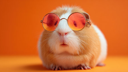 A small brown and white guinea pig wearing sunglasses. The image has a playful and lighthearted moodの素材