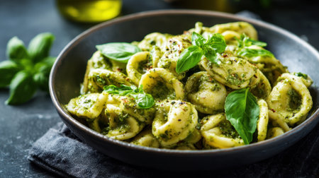 A bowl of pasta with green sauce and basil leaves. The pasta is cooked and the sauce is thick and creamy. The basil leaves add a fresh and herbaceous flavor to the dish. The bowl is placed on a tableの素材
