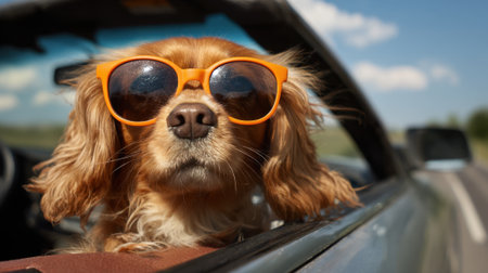 A dog wearing sunglasses is sitting in a car. The dog is wearing orange sunglasses and he is enjoying the rideの素材