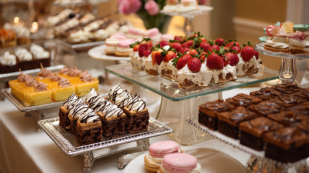 A table full of desserts including brownies, cakes, and pastries. The desserts are arranged on different plates and trays, and there are also strawberries and flowers in the backgroundの素材