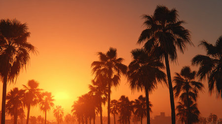 A sunset over a palm tree forest. The sky is orange and the palm trees are silhouetted against the skyの素材