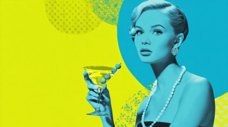 A woman is holding a martini glass with a cherry on top. The image has a yellow and blue background with a circular designの素材