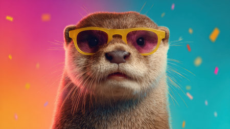 A cute brown otter is wearing sunglasses and a yellow nose. The otter is standing in front of a colorful background with confetti scattered around itの素材