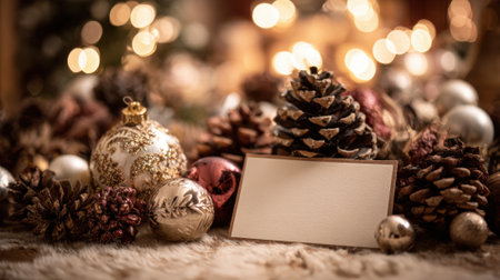 A white sign sits on a table with a variety of Christmas decorations, including pine cones and ornaments. The scene conveys a festive and joyful atmosphere, as the decorationsの素材