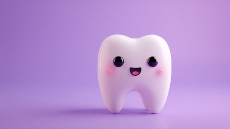 A cartoon tooth is smiling on a purple background. The tooth is white and has a happy expressionの素材