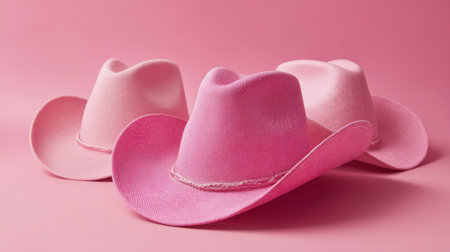 Three pink cowboy hats are displayed on a pink background. The hats are all different sizes and styles, but they all have a similar pink colorの素材