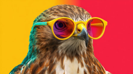 A bird with sunglasses and a yellow frame is the main focus of the image. The sunglasses are positioned above the bird's eyes, giving it a cool and stylish appearanceの素材