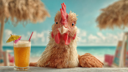 A chicken is standing on a table with a glass of beer and a straw. The scene is set on a beach with umbrellas and chairs. The chicken appears to be enjoying the beach atmosphere and the drinkの素材