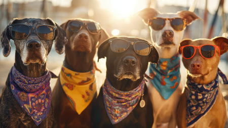 A group of dogs wearing sunglasses and bandanas are posing for a photo. The dogs are of different breeds and sizes, and they are all wearing colorful bandanas. The scene has a fun and playful moodの素材