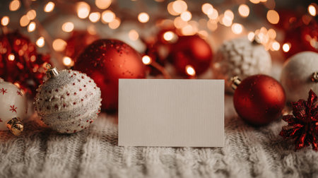 A white card is placed on a table with a bunch of red and white Christmas ornamentsの素材