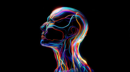 A colorful head with a face on it. The head is surrounded by a rainbow of colors. The image is abstract and surreal, with a sense of movement and energyの素材