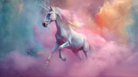 A unicorn is running through a cloud of pink and purple smoke. The colors of the smoke are vibrant and the unicorn's mane is flowing behind it. Concept of freedom and magicの素材