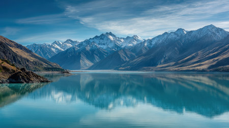 A beautiful mountain range with a lake in the foreground. The lake is calm and blue, reflecting the mountains in the distance. The scene is serene and peaceful, with the mountainsの素材