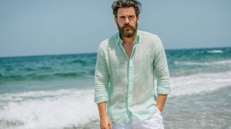 A man with a beard stands on a beach wearing a green shirt and white shorts. The ocean is in the background, and the man is enjoying the viewの素材