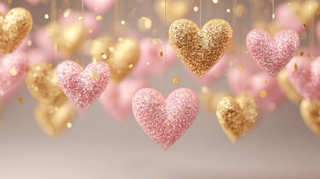 A bunch of gold and pink hearts hanging from a string. The gold hearts are larger than the pink onesの素材