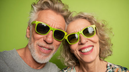 A man and a woman are smiling and wearing green sunglasses. The woman is wearing a floral dressの素材
