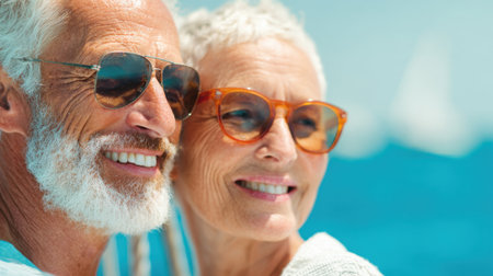 A man and woman are smiling and wearing sunglasses. They are both wearing glasses and are posing for a pictureの素材