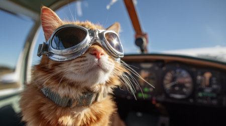 A cat wearing goggles and a harness is sitting in the cockpit of a small plane. The cat appears to be enjoying the experience of flyingの素材