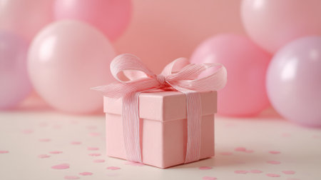 A pink box with a bow on top sits on a table. The box is decorated with pink balloons in the background. Concept of celebration and joy, likely for a special occasion such as a birthday or anniversaryの素材