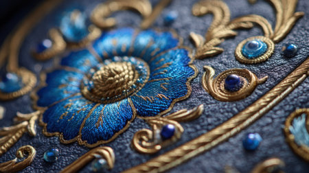 A beautiful blue and gold embroidered flower with blue beads is displayed. The flower is intricately designed with gold and blue threads, creating a stunning and eye-catching pieceの素材