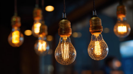 A group of vintage light bulbs hanging from the ceiling. The bulbs are warm and yellow, giving off a cozy and nostalgic atmosphereの素材