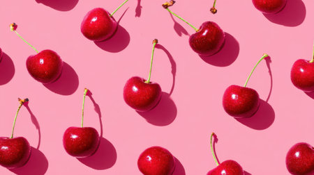 Bright red cherries are evenly spaced on a soft pink surface. The arrangement highlights the cherries' shiny skin and green stems casting subtle shadows beneath them.の素材