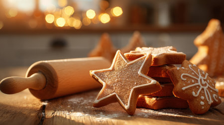 A wooden rolling pin sits on a table with a pile of star-shaped cookies. The cookies are decorated with icing and are ready to be baked. Concept of warmth and comfortの素材