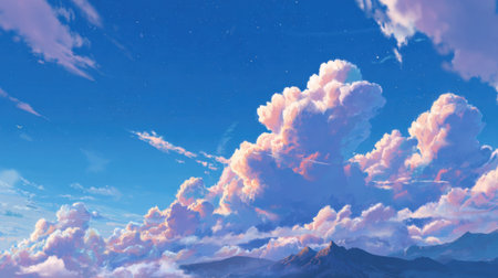 A beautiful blue sky with fluffy clouds and a mountain range in the background. The sky is filled with stars, giving the image a serene and peaceful atmosphereの素材