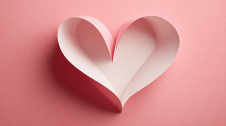 A heart made out of paper is on a pink background. The heart is cut out of a piece of paper and is placed on a pink surfaceの素材