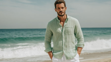 A man is standing on a beach wearing a green shirt and white pants. He is looking out at the ocean and he is enjoying the viewの素材
