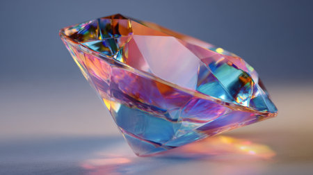A beautifully cut crystal diamond sits at an angle showing vibrant colors and reflections as light dances across its surface.の素材