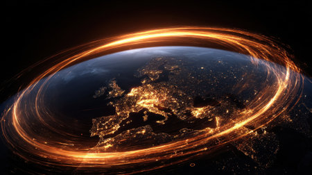 A planet with a bright orange glow surrounding it. The planet is surrounded by a ring of light, giving it a surreal and otherworldly appearanceの素材