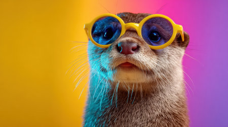 A cute animal wearing yellow sunglasses. The animal is a small, furry creature with a big noseの素材