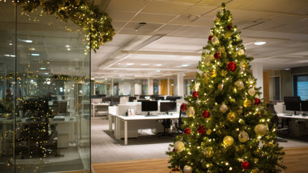 A Christmas tree is lit up in a large office space. The tree is surrounded by a glass wall, and the office is filled with cubicles and desks. The atmosphere is festive and cozyの素材