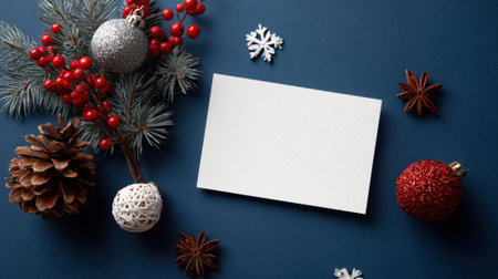 A white card with a red and white Christmas ornament on top of it. The card is empty and surrounded by other Christmas decorationsの素材