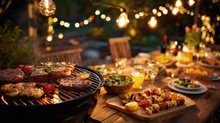 A vibrant outdoor barbecue party showcases a grill filled with meats and vegetables. Tables are adorned with salads and drinks surrounded by glowing lights for a warm evening gathering.の素材