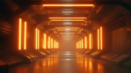 A long, narrow tunnel with bright orange lights illuminating the way. The tunnel is empty and the lights are on, creating a sense of emptiness and isolationの素材