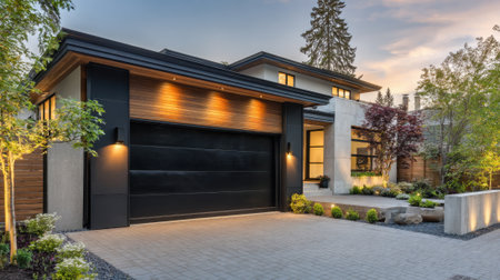 A large house with a black garage door and a driveway. The house is surrounded by trees and has a well-manicured lawn. Scene is calm and peaceful, with the house looking like a homeの素材